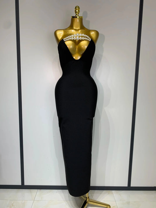 Women Sexy Backless Strapless Black Beading Long Bandage Bodycon Dress Celebrity Elegant Evening Luxury Birthday Dresses black