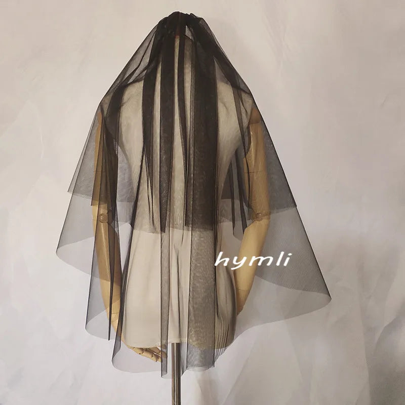 Two-Tier Tulle Black Wedding Veil with Metal Comb, Fingertip Length