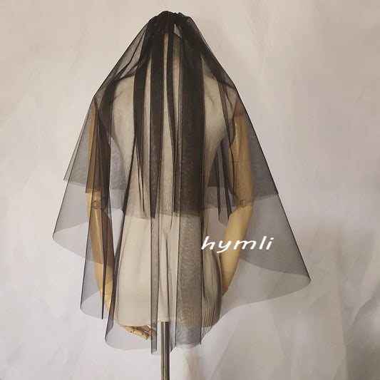 Two-Tier Tulle Black Wedding Veil with Metal Comb, Fingertip Length