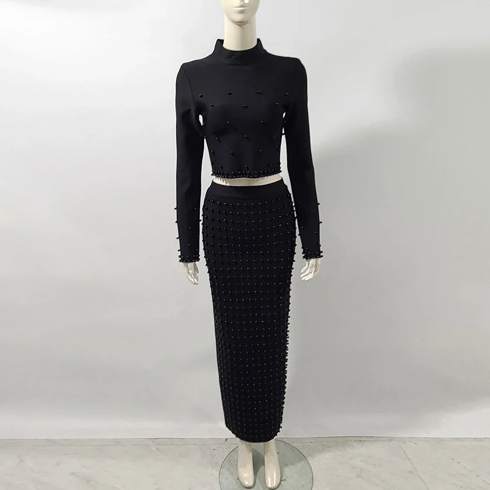 Women'S Black And White Beaded Short Top+Long Skirt Bandage Two-Piece Set Elegant Evening Party Female Outfit New black