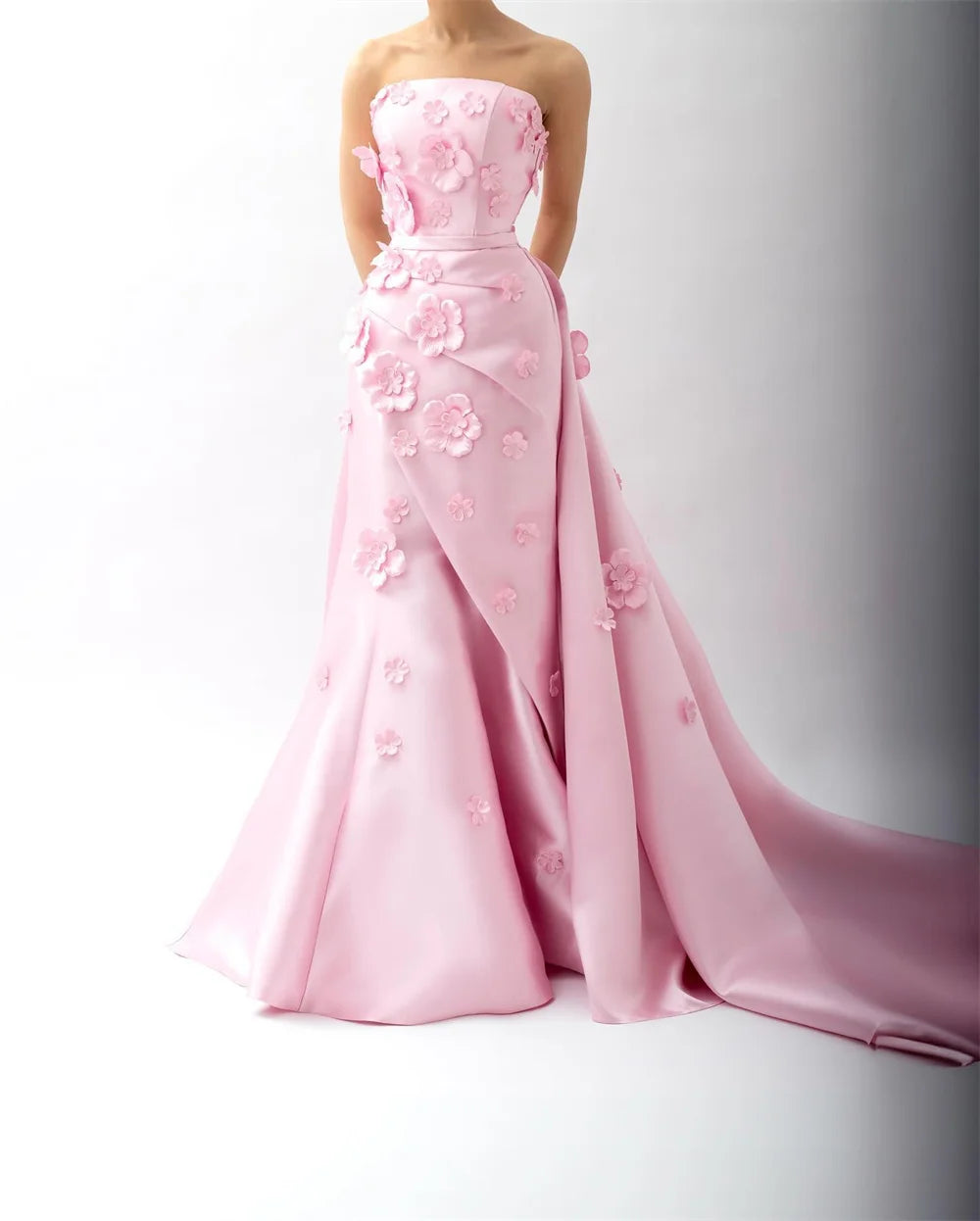 Pink Straples Robes De Soirée 3D Flowers Mermaid Detachable Train Prom Dresses Sleeveless Floor-length Wedding Dress