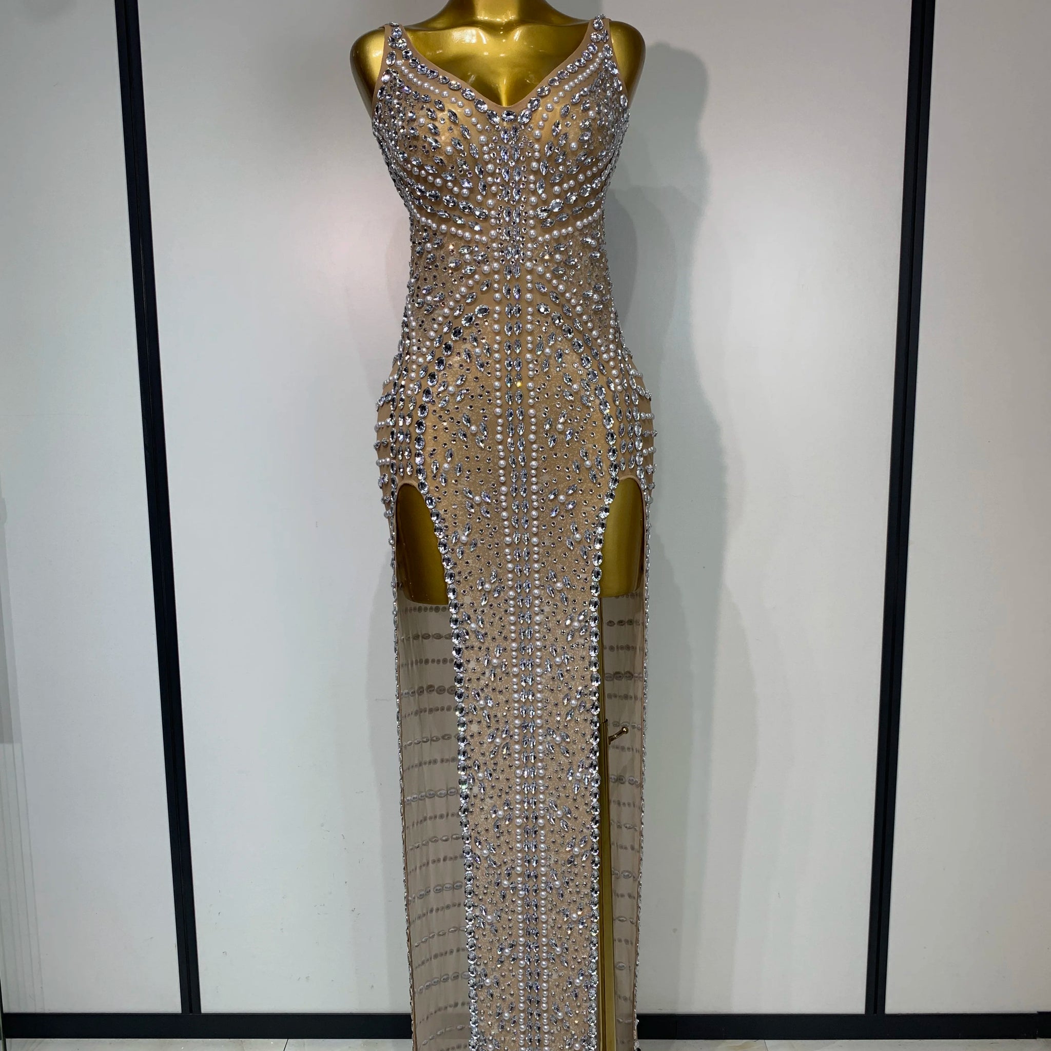 Women Sexy Sparkly Diamonds High Split Maxi Dresss Mesh See Through V Neck Performance Singer Costume Luxury Birthday Vestido Khaki