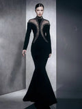 Newest Fashion Designer Party Vestido Women'S Diamonds Mesh Long Sleeves Bodycon Mermaid Long Maxi Dress