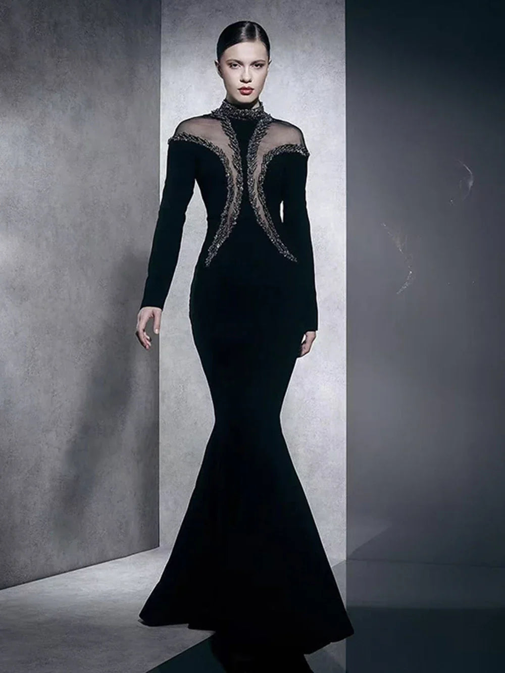 Newest Fashion Designer Party Vestido Women'S Diamonds Mesh Long Sleeves Bodycon Mermaid Long Maxi Dress
