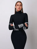 Elegant Women's Bead Design Bandage Dress High Neck Long Sleeve Bodycon Flute Dress Cocktail Evening Party Vestidos