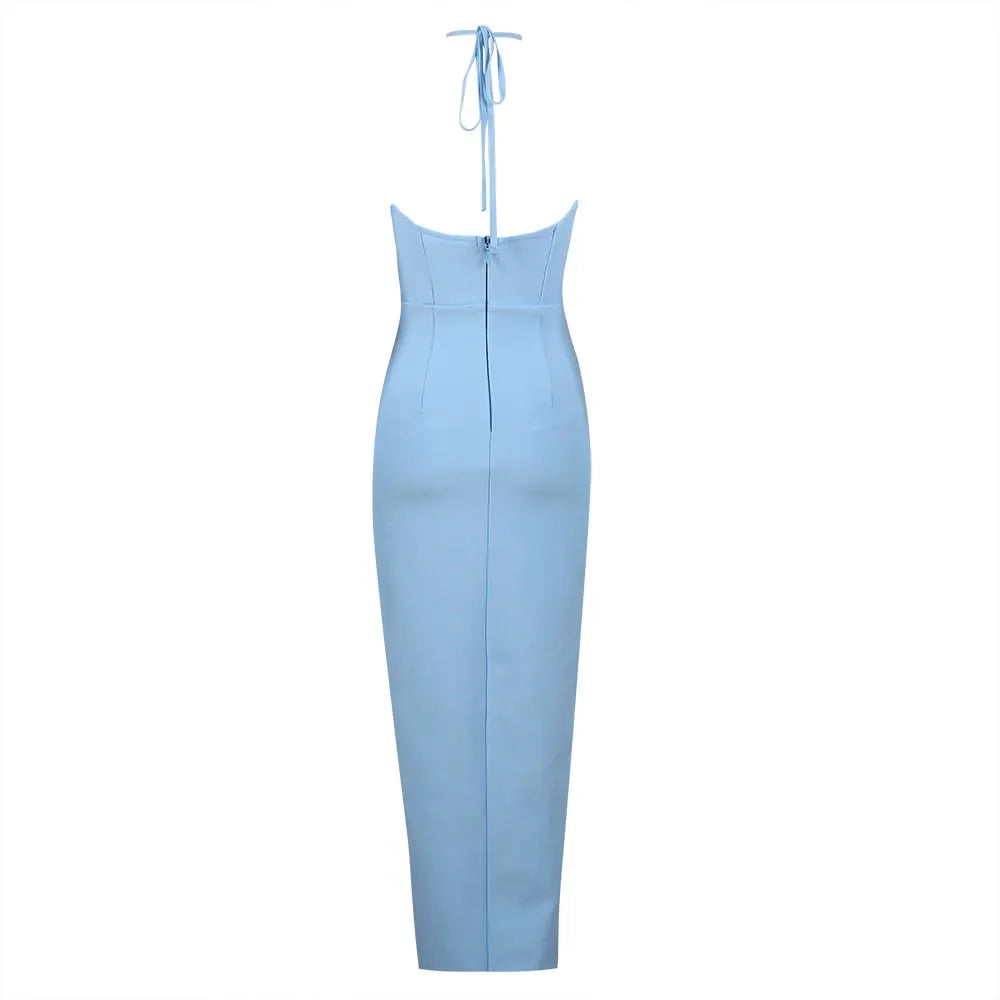 Black Skyblue Color Women Sexy Halter Off the Shoulder Bodycon Mid-calf Bandage Dress Fashion Nightclub Party Celebrate Dress