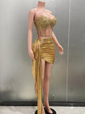 Sexy Women Shinning Sequins 2 Pieces Bodycon Mini Dress Fashion Celebrate Nightclub Party Bar Singer Performance Costume