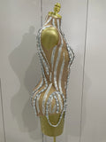 Sparkly Rhinestone Chain Sexy Transparent Sleeveless Bodysuit Women Party Nightclub Team Performance Costume Show Stage Wear