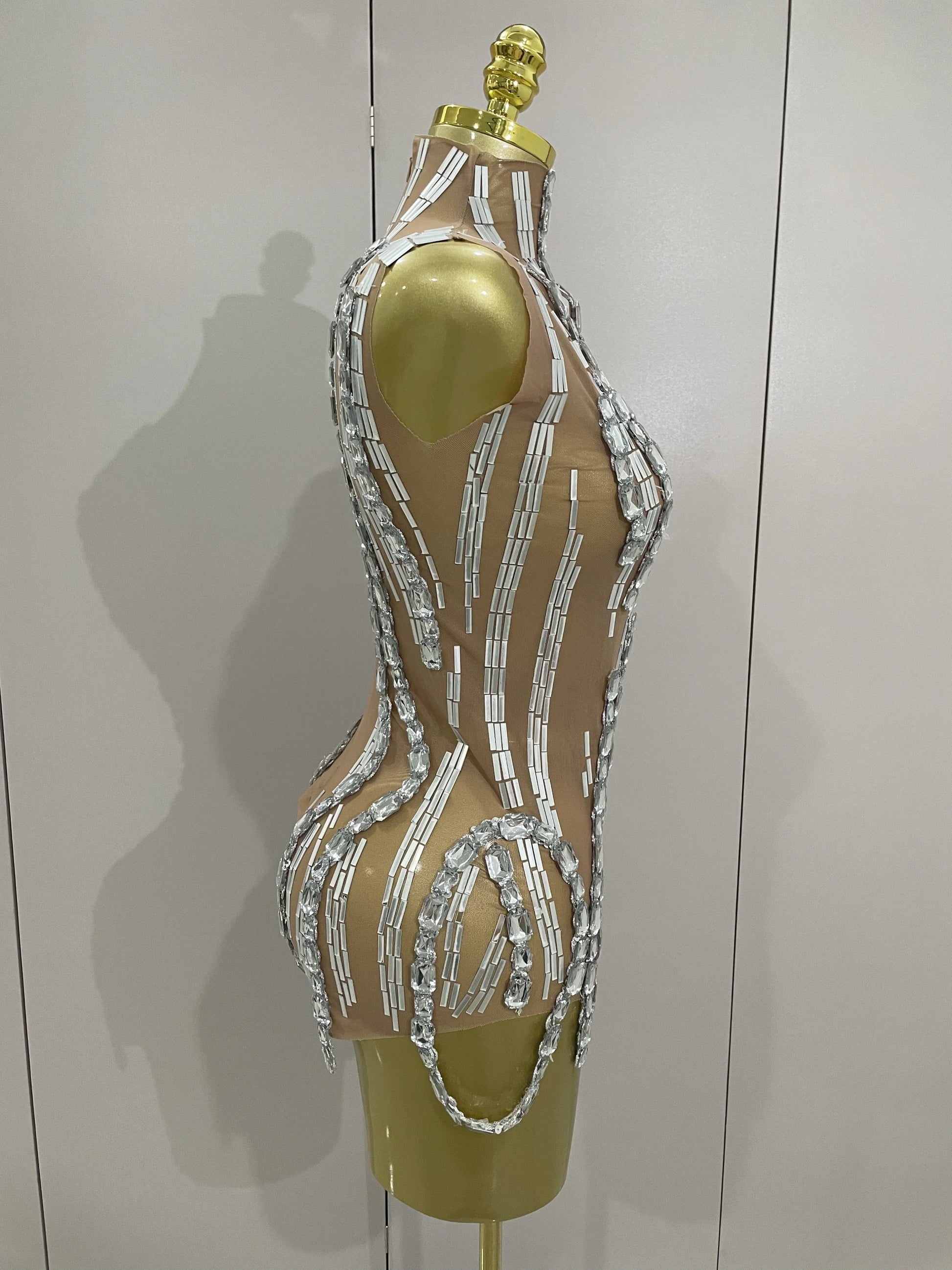 Sparkly Rhinestone Chain Sexy Transparent Sleeveless Bodysuit Women Party Nightclub Team Performance Costume Show Stage Wear