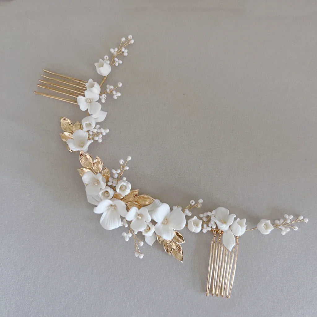 Gold Silver Color Headpiece Headband Hair Comb Pin Clip For Brides Porcelain Flower Hairpin Wedding Accessories Bridal Jewelry gold color a