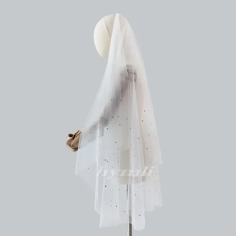 Ivory Tulle Wedding Veil with Blue Rhinestones, 2 Tier Blusher Bridal Veil, Off-White Ivory White