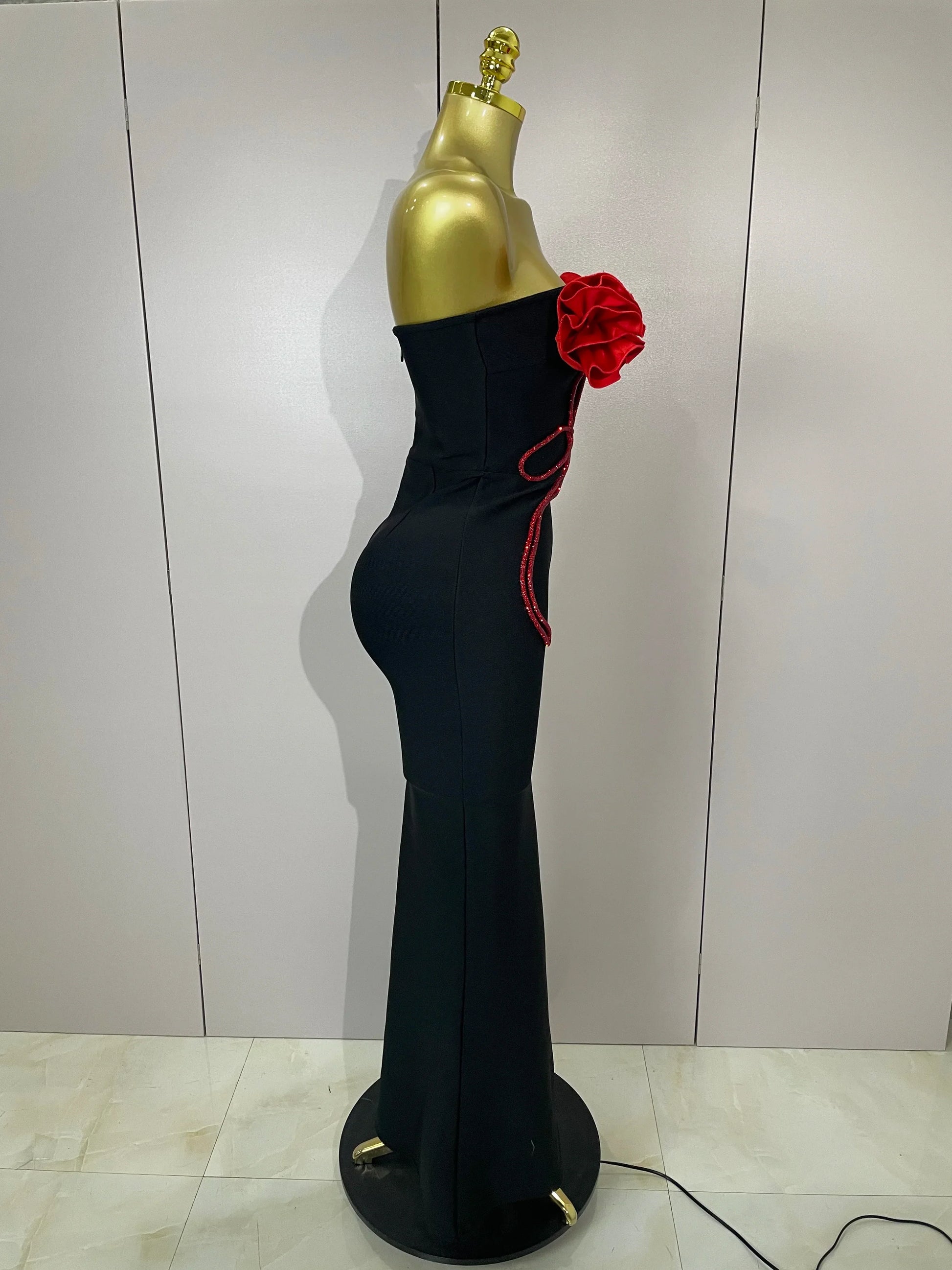 black Off Shoulder Red Flower Bandage Long Dress Women Elegant Fshion Celebrity Party Dress