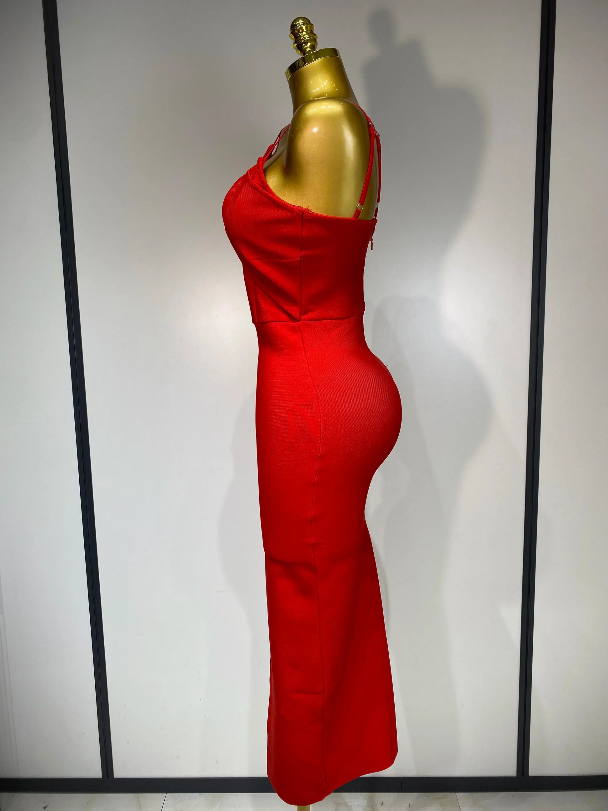 Women Sexy Sleeveless Hollow out Split Backless Red Midi Bandage Dress Celebrity Elegant Evening Luxury Birthday Dresses