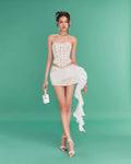 2024 New Fashion White Color Women Sexy Strapless 2 Pieces Bodycon Lace Draped Mini Dress Birthday Party Girls' Date Outfit