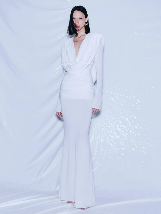 Elegant Solid Draped V-neck Long sleeves Maxi Dress Women White Sexy Backless Backless Evening Party Wedding Gowns Female