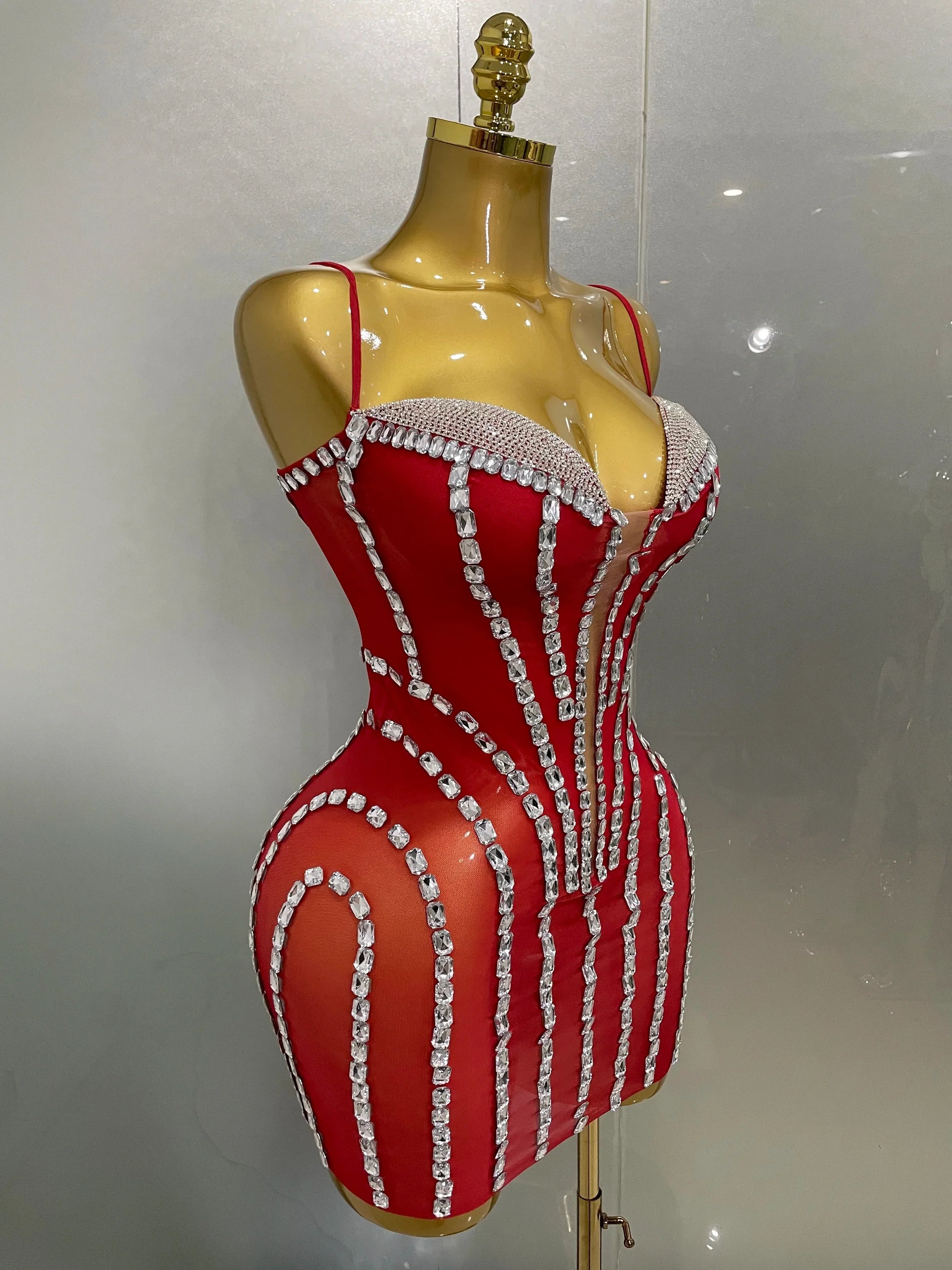 Sexy Sparkly Rhinestones Mesh See Through Short Slip Dress Women Evening Birthday Party Prom Nightclub PhotoShoot Stage Wear