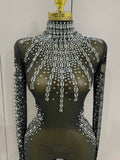 Sexy Sparkly Crystals Black Mesh Jumpsuit With Gloves Women Celebrate Birthday Party NightClub Singer Dance Stage Costumes