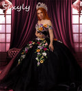 Black Quinceanera Dresses Charro Mexican Coloful Flowers Vestidos De 15 Años Quinceañeras Elegant Birthday Party Gown Customized
