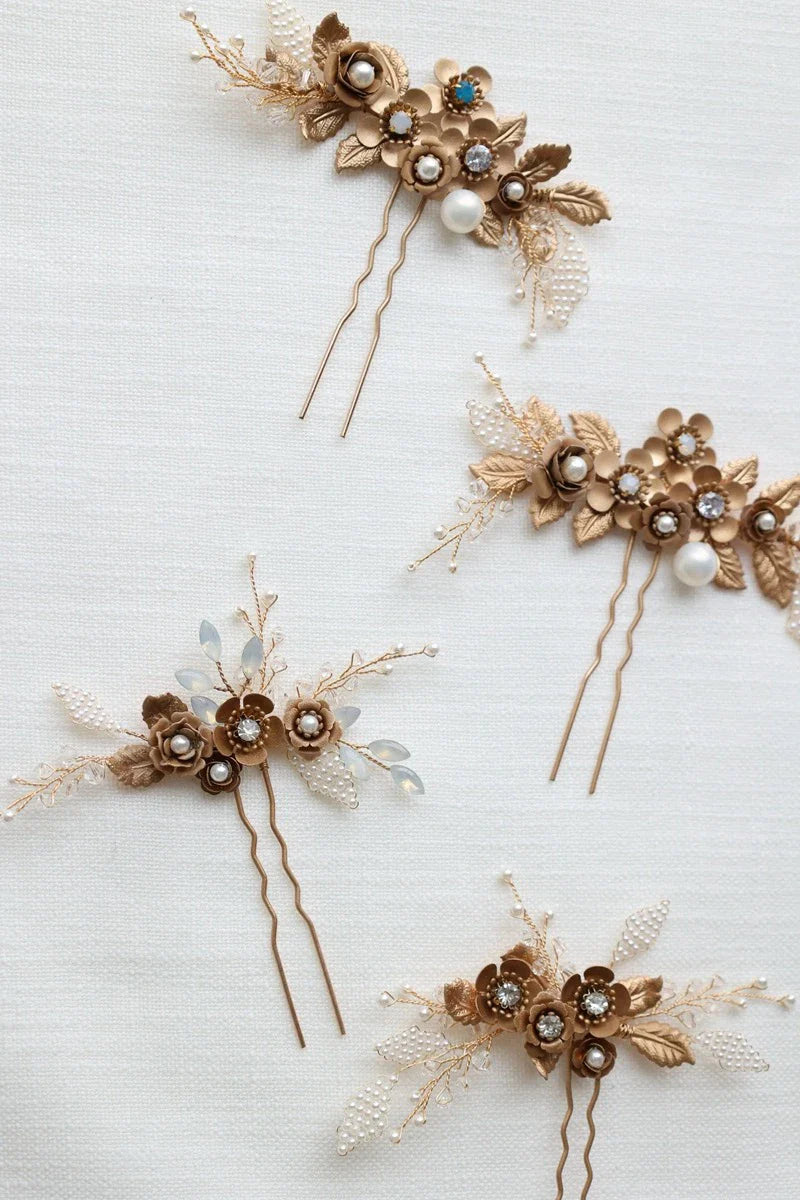 Bridal Jewelry Rhinestones Pearl Hair Pin Clip Leaf Flower Head Piece Brides Gift Vintage Gold Color Hairpin Wedding Accessories