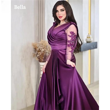 Purple Satin robes de soirée V-neck Plus Size Lace Illusion Sleeves Prom Dresses Floor-length A-line Wedding Dress