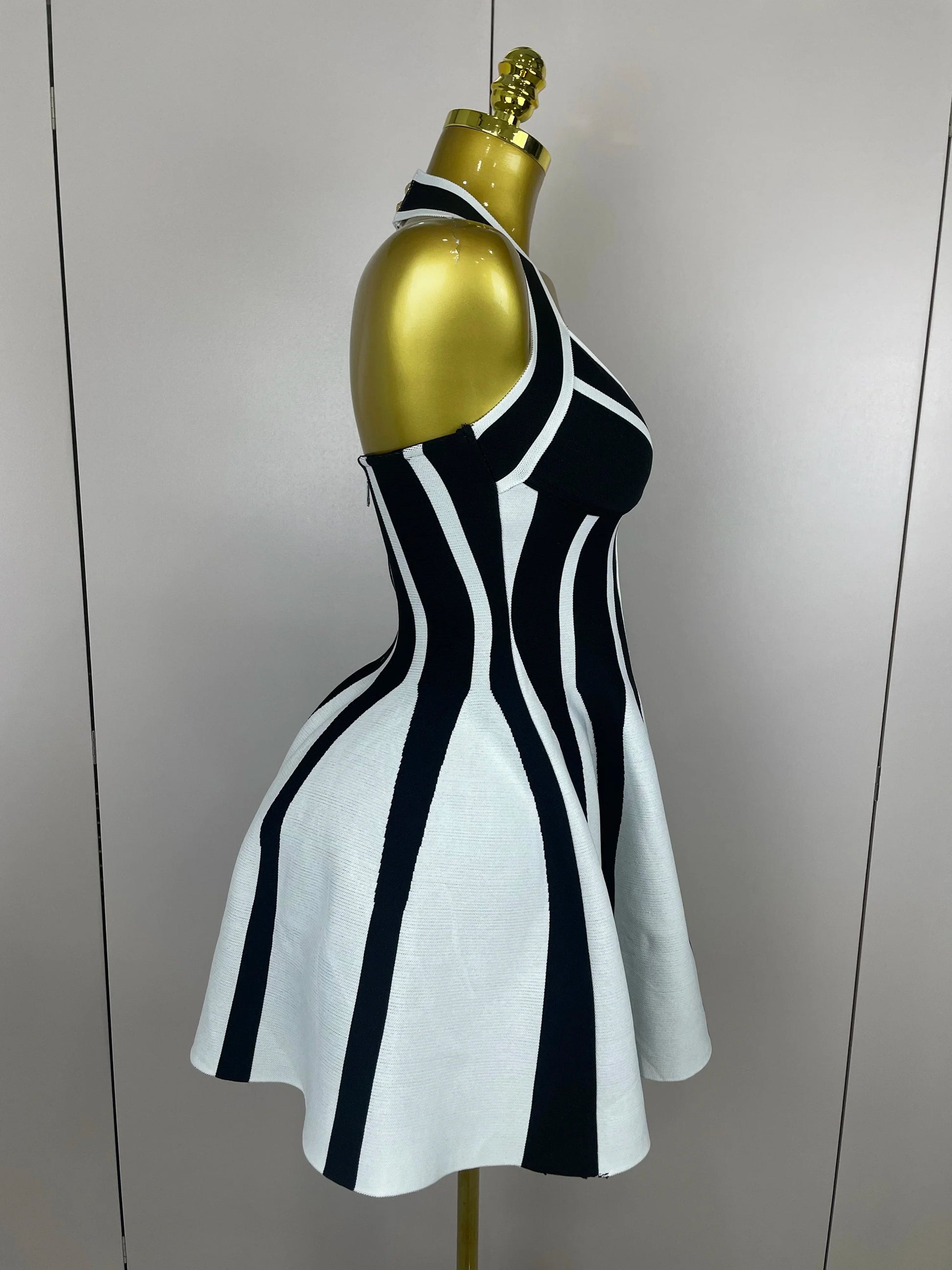 Sexy Backless Black White Stripes Halter Bandage A Line Short Dress Women Celebrity Elegant Evening Party Holiday Club Dress