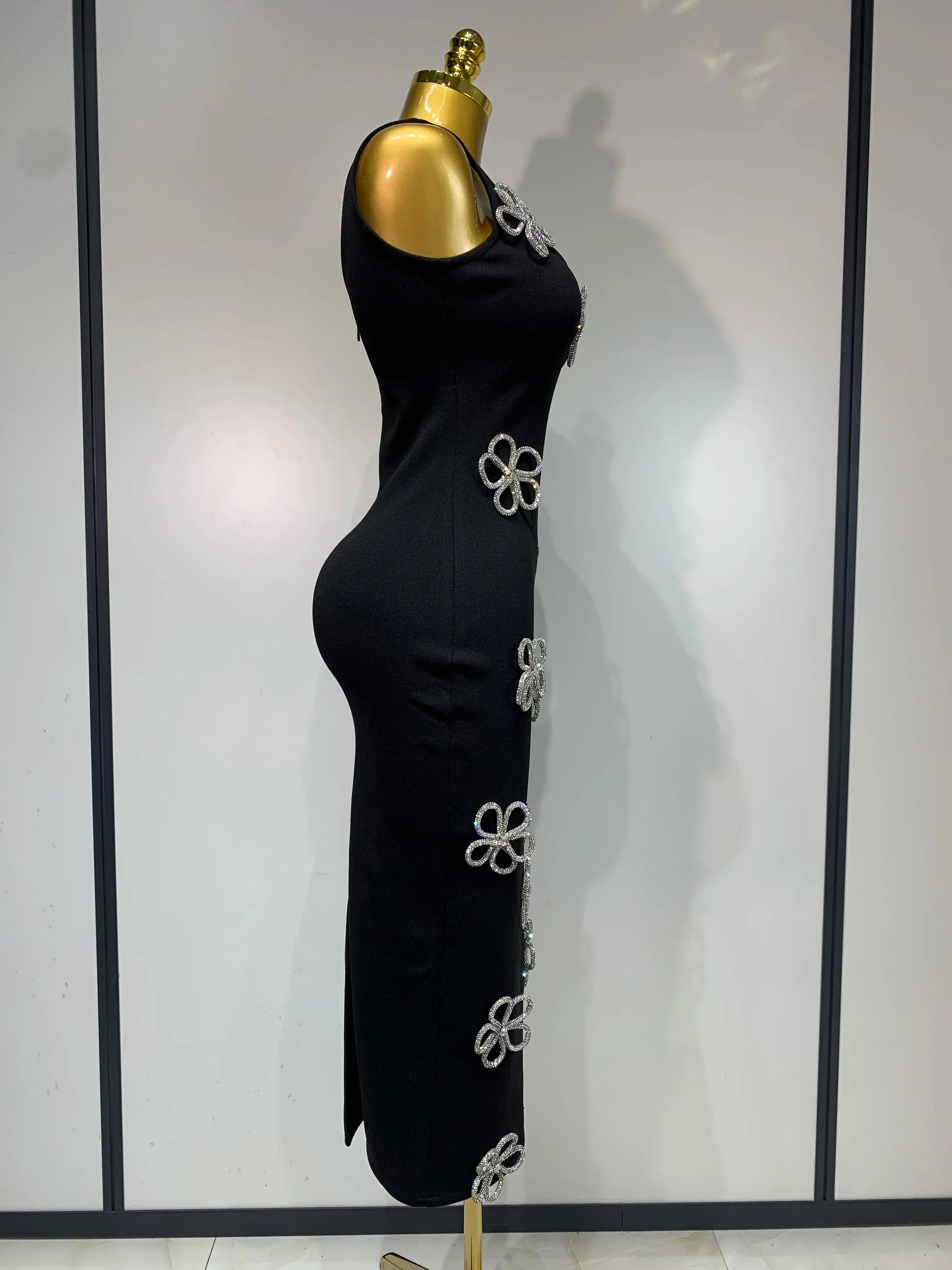 Women Celebrity Sexy Diamonds Flower Black Long Bodycon Bandage Dress Elegant Evening Club Party Luxury Birthday Dresses