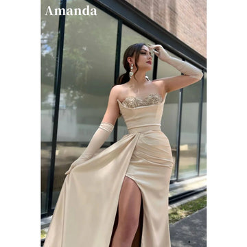 Amanda Beige Strapless vestidos de noche Heart Beaded Mermaid Prom Dresses Elegant Floor-Length Long Shawl Formal Evening 2024