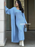 Casual Solid Knitted Sweater Long Dress Set Women Long Sleeve Loose Long Cardigan Coat&Sleeveless Mid length Dress Two Piece Set