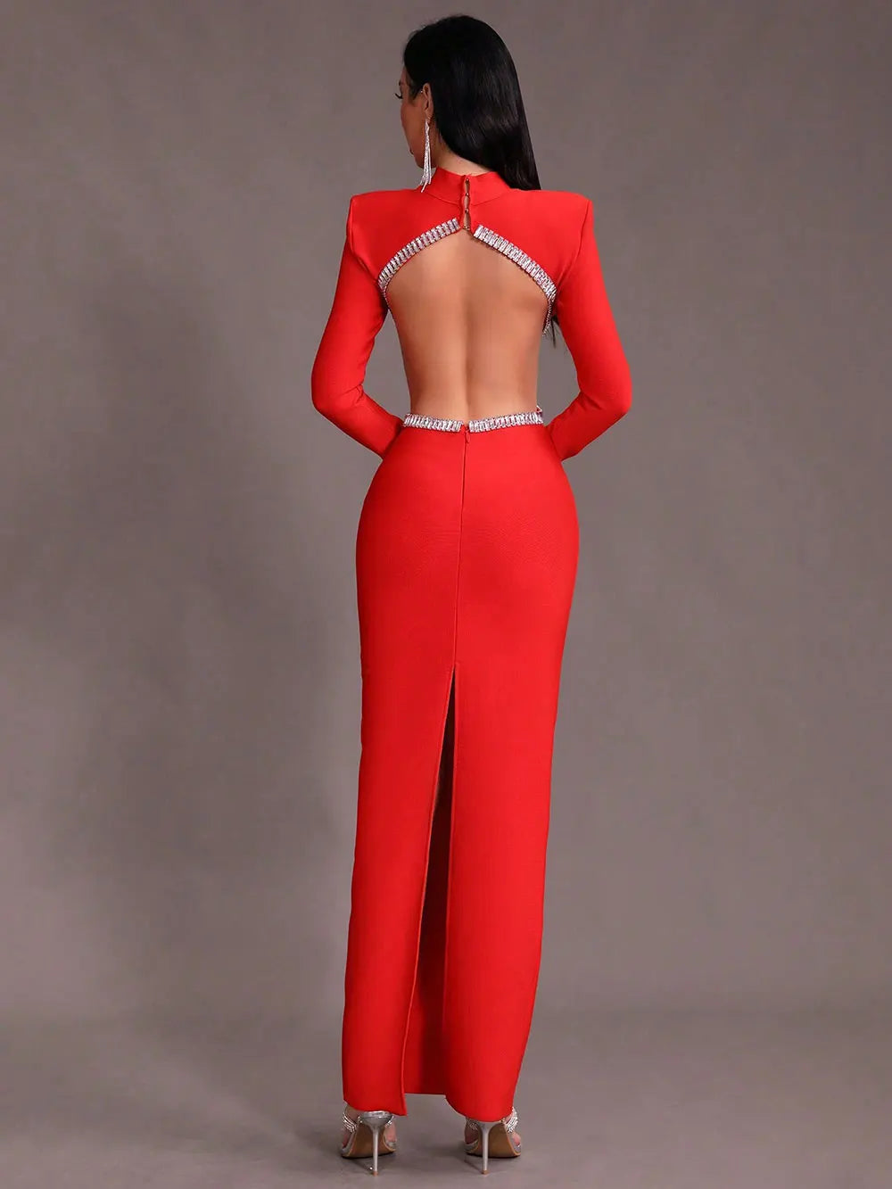Women'S Light Luxury Nail Bead Sexy Backless Bandage Dress Stand Collar Long Sleeved Bodycon Backless Long Dress Vestidos