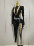 Sexy Sparkly Full Diamond Black Perspective Waist Cinching Asymmetrical Mesh Jumpsuit Birthday Party Nightclub Stage Costume