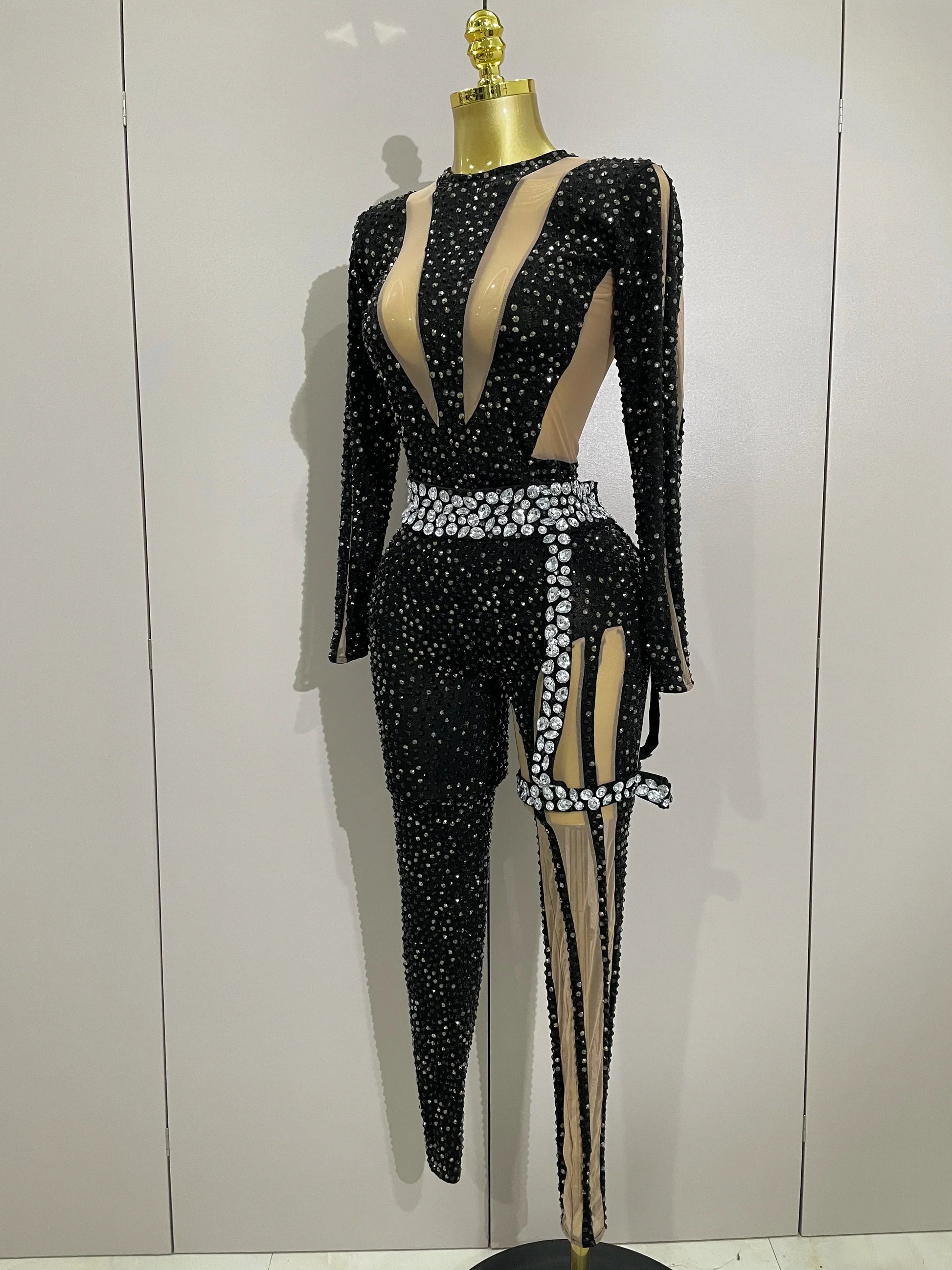 Sexy Sparkly Full Diamond Black Perspective Waist Cinching Asymmetrical Mesh Jumpsuit Birthday Party Nightclub Stage Costume