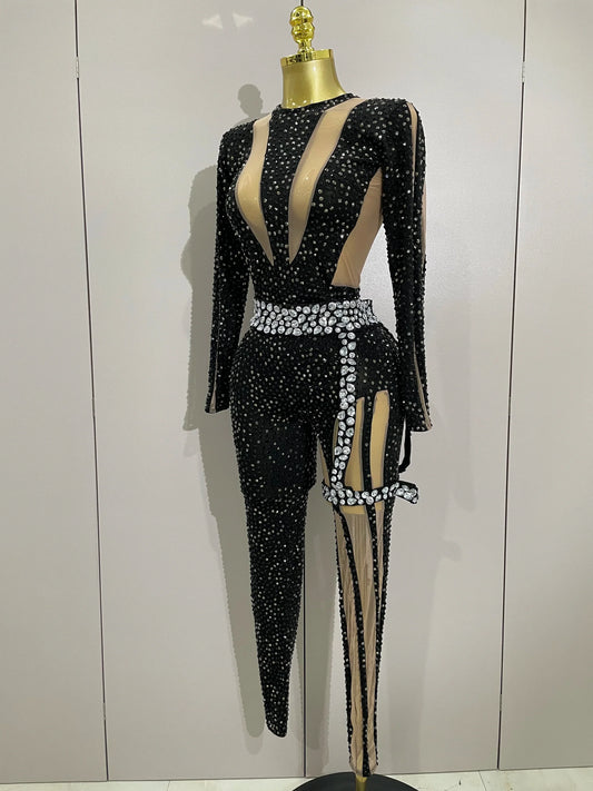 Sexy Sparkly Full Diamond Black Perspective Waist Cinching Asymmetrical Mesh Jumpsuit Birthday Party Nightclub Stage Costume