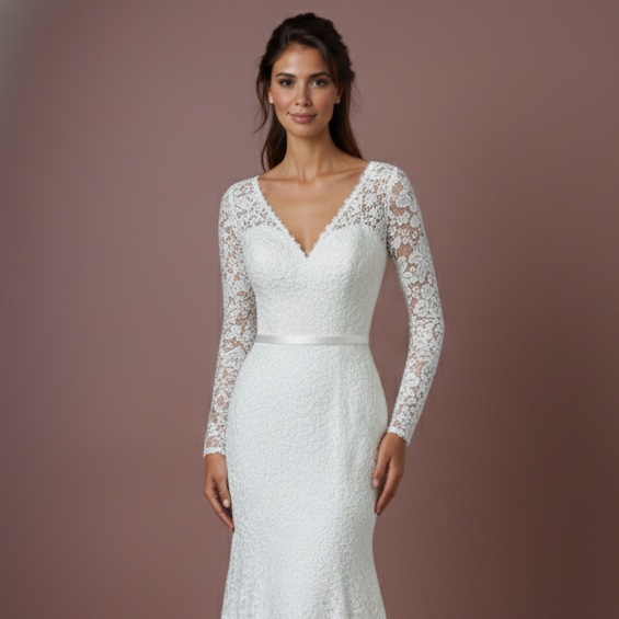 Sheer Sleeve Wedding Dress Classic Long Lace Overlay Fashion