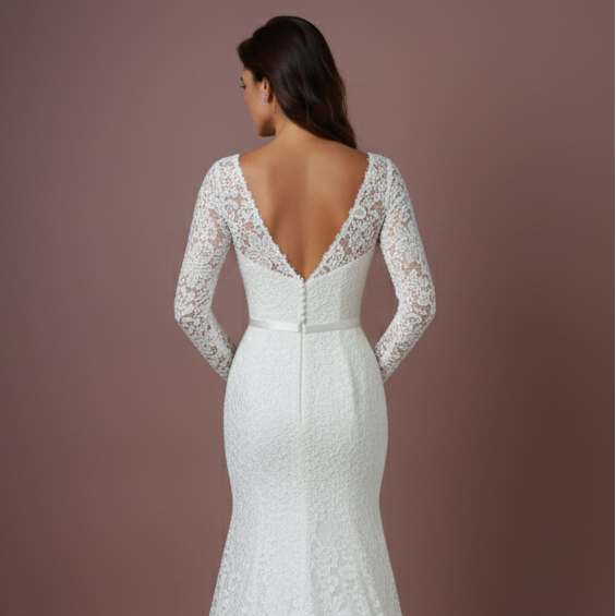 Sheer Sleeve Wedding Dress Classic Long Lace Overlay Fashion