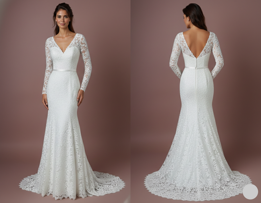 Sheer Sleeve Wedding Dress Classic Long Lace Overlay Fashion