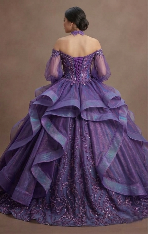 Shimmering Purple Quinceañera Dress with Detachable Sleeves