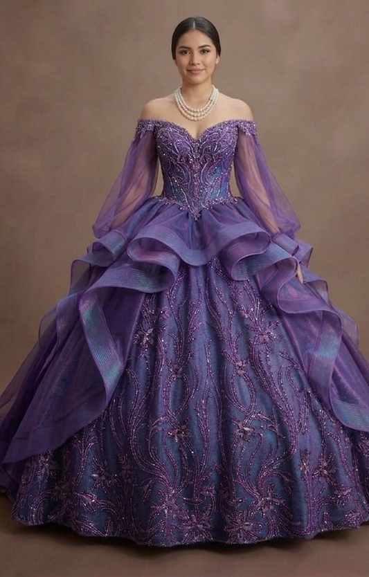 Shimmering Purple Quinceañera Dress with Detachable Sleeves