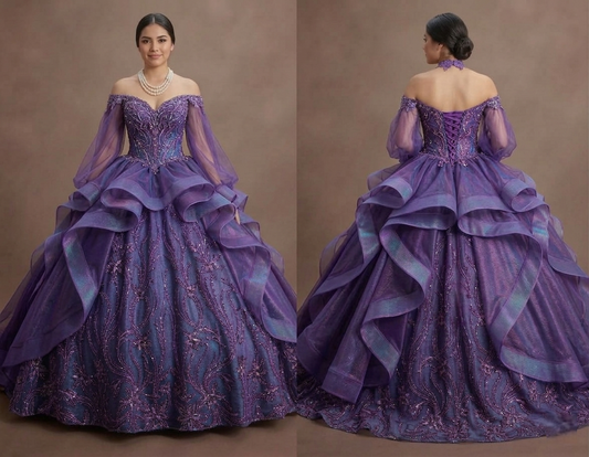 Shimmering Purple Quinceañera Dress with Detachable Sleeves