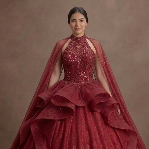 Shimmering Red Quinceañera Dress Ball Gown with Capes