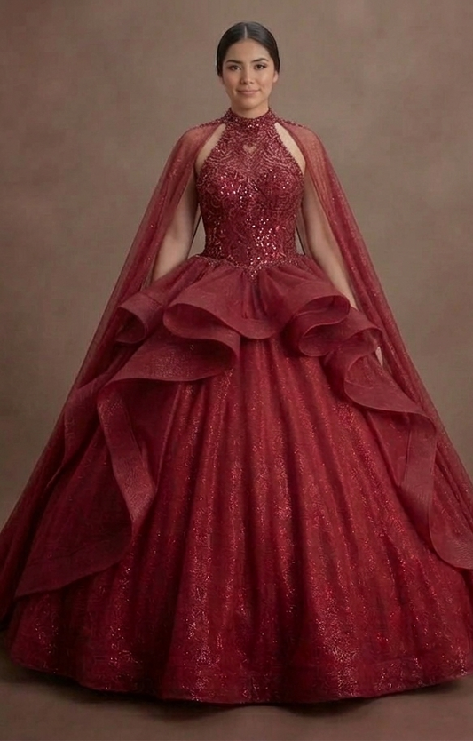 Shimmering Red Quinceañera Dress Ball Gown with Capes