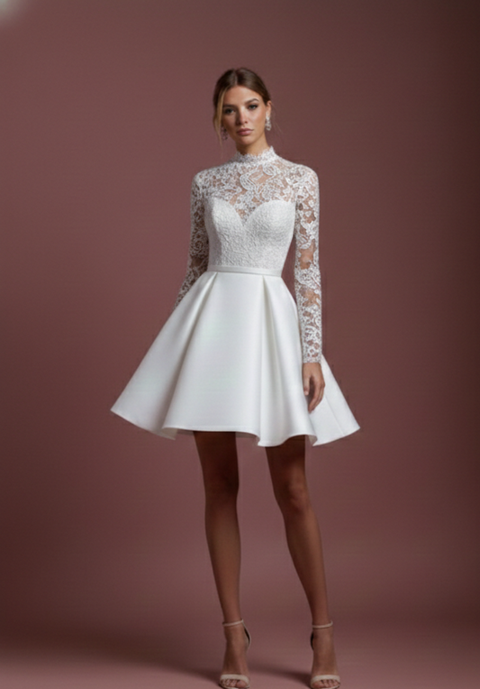 Short High Neck Sleeve Wedding Dress Modest Lace Backless