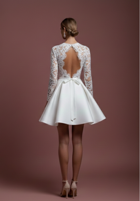 Short High Neck Sleeve Wedding Dress Modest Lace Backless