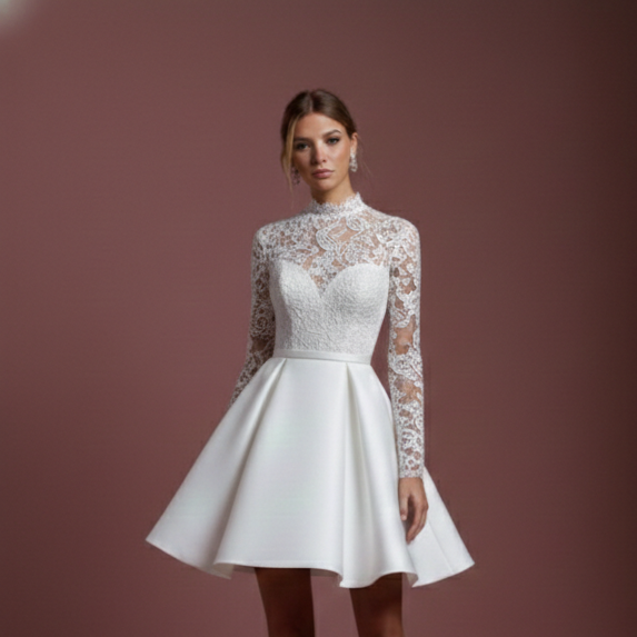 Short High Neck Sleeve Wedding Dress Modest Lace Backless