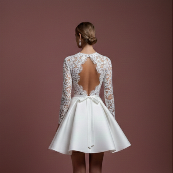 Short High Neck Sleeve Wedding Dress Modest Lace Backless