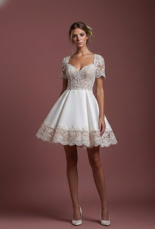 Short Rustic Sleeve Wedding Dress Country Style Lace Trim