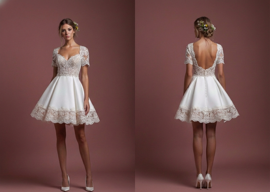 Short Rustic Sleeve Wedding Dress Country Style Lace Trim