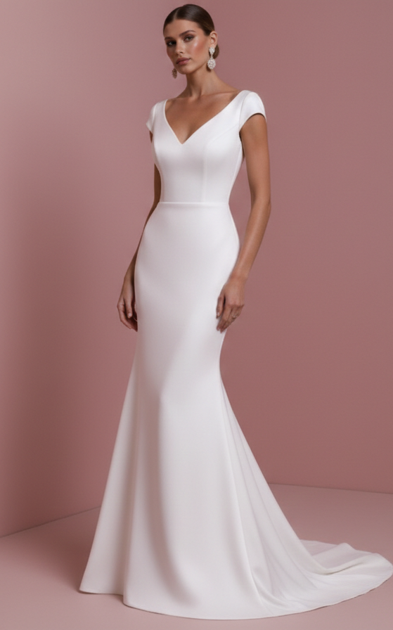 Short Simple Sleeve Wedding Dress Classic Mermaid Fit Gown
