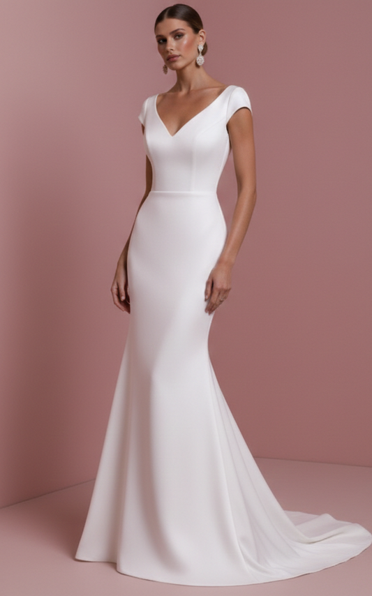 Short Simple Sleeve Wedding Dress Classic Mermaid Fit Gown