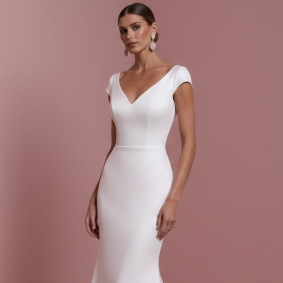 Short Simple Sleeve Wedding Dress Classic Mermaid Fit Gown