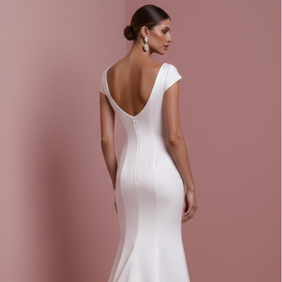 Short Simple Sleeve Wedding Dress Classic Mermaid Fit Gown